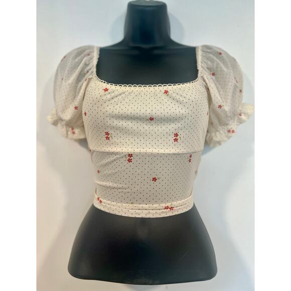 Women’s Cottagecore Romantic Floral Polka dot Puff Sleeve Crop Top S Cream Red - Picture 2 of 6